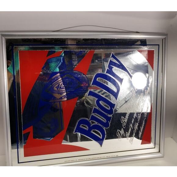 Bud Dry Mirror Bar Sign Budweiser Anheuser-Bush Beer Vintage 1989 USA Man Cave - Picture 10 of 13